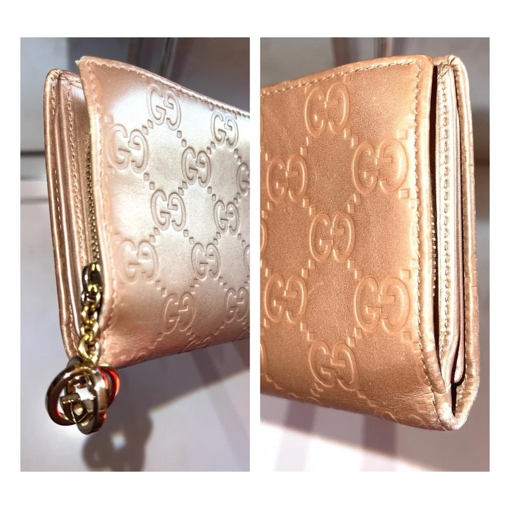 Gucci Guccissima GG Rose Gold Long Bifold Continental Wallet Zip Snap Shima